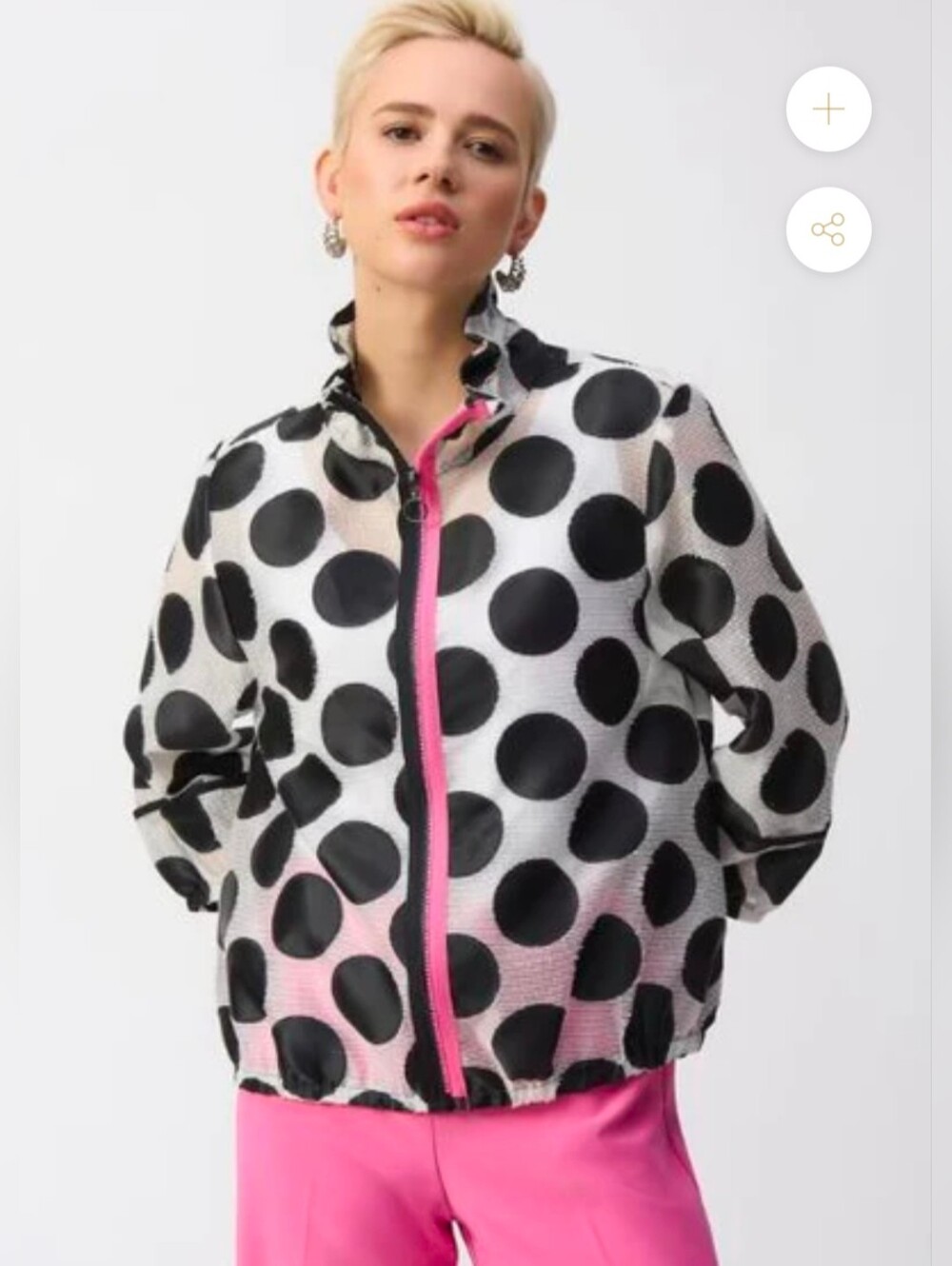 Joseph Ribkoff Black White Polka Dot Relaxed Fit Jacket Pink Trim Size 12